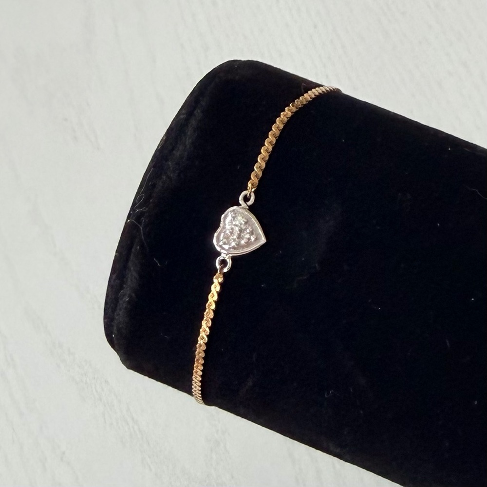 Vintage 14KT Gold Silver and Diamond Heart Bracelet, 6 1/2" - Picture 7 of 16